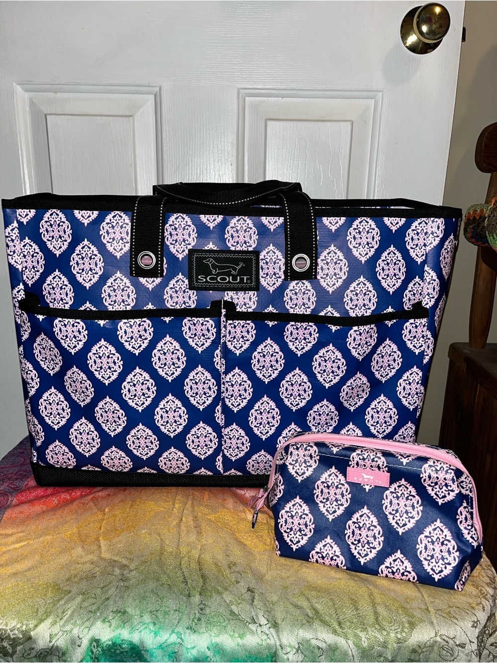 Scout Navy Tote with Pink Damask Print and Matching Pouch